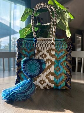 Mexican Artisanal Mini Lonchera Woven Straw Tote Bag with Teal & Blue Accents